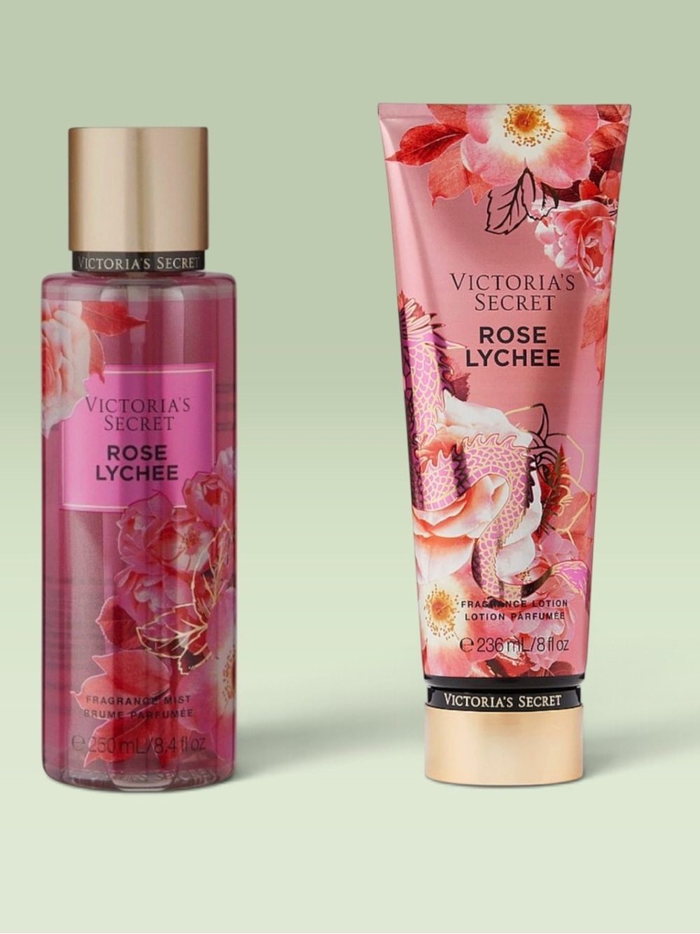 Victoria's Secret Rose Lychee Fragrance Mist & Lotion - Pink, Gold